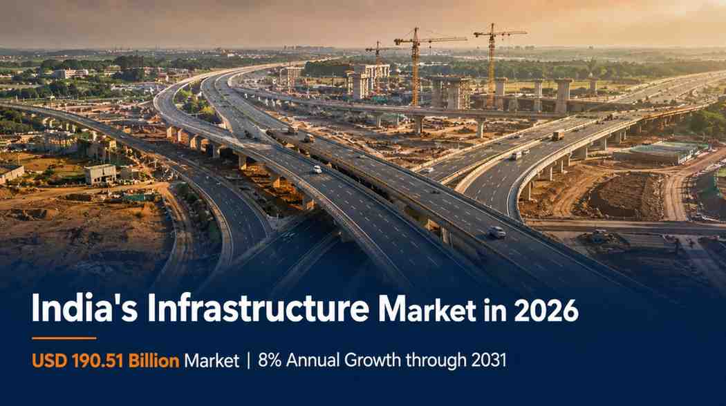 India infrastructure market growth 2026 — aerial view of expressway construction showing USD 190 billion procurement opportunity