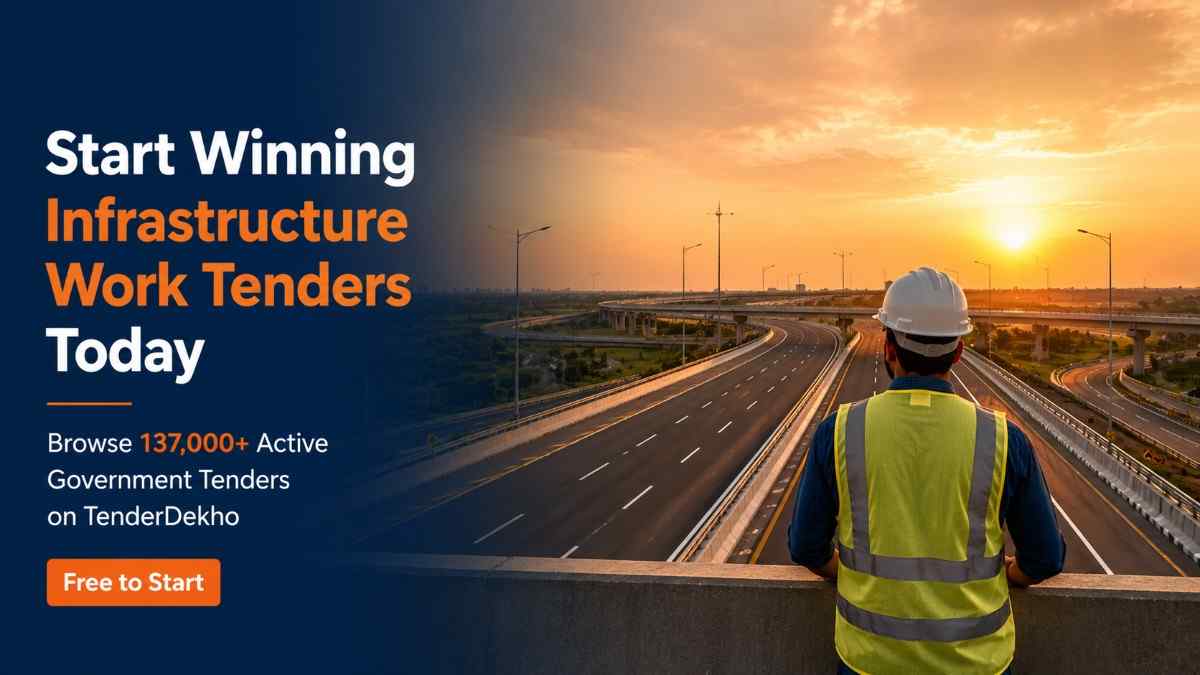 Win infrastructure work government tenders India 2026 — contractor on completed highway overpass representing civil works tender success