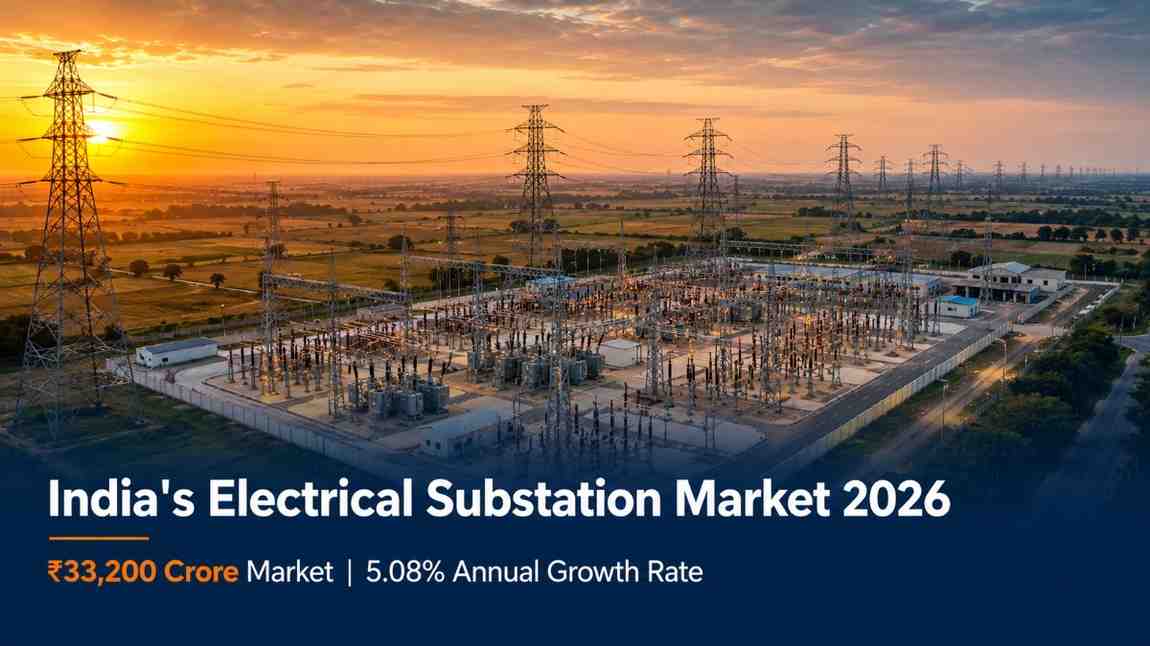 India electrical substation market growth 2026 — aerial view of high-voltage transmission infrastructure and substation compound