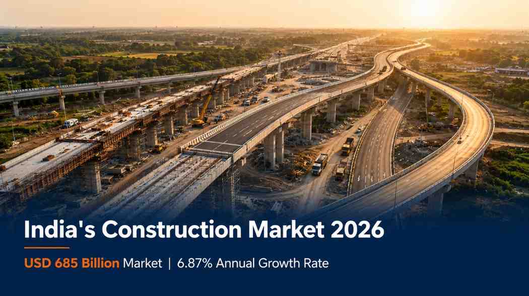 India construction market growth 2026 — aerial view of highway interchange under construction showing infrastructure scale