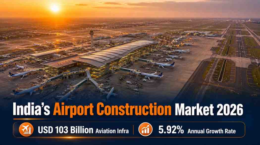 India airport construction market growth 2026 — aerial view of international airport complex USD 103 billion aviation infrastructure 5.92 percent CAGR