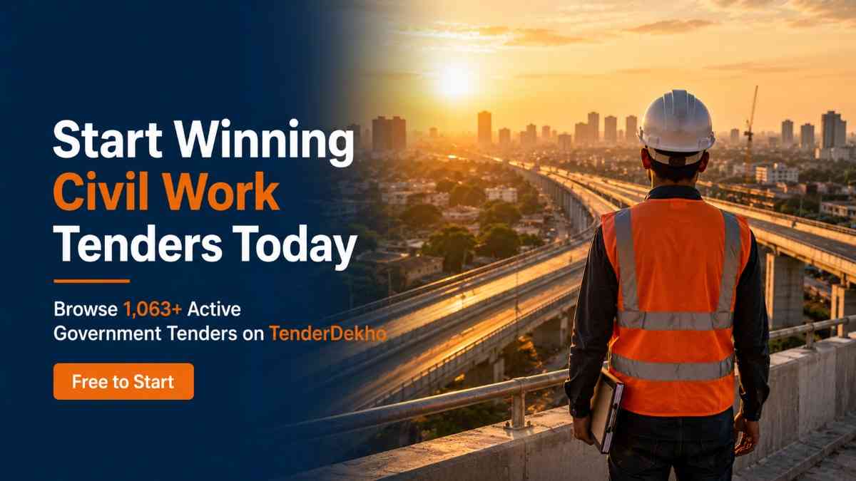 Start winning civil work government tenders India 2026 — contractor standing on completed infrastructure project at golden hour
