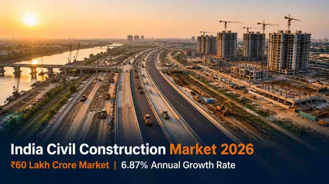 India civil construction market growth 2026 — aerial view of infrastructure projects showing roads, bridges and housing development scale