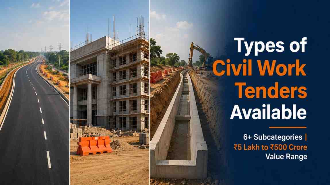 Types of civil work tenders India 2026 — roads, government buildings, drainage and water supply construction contracts