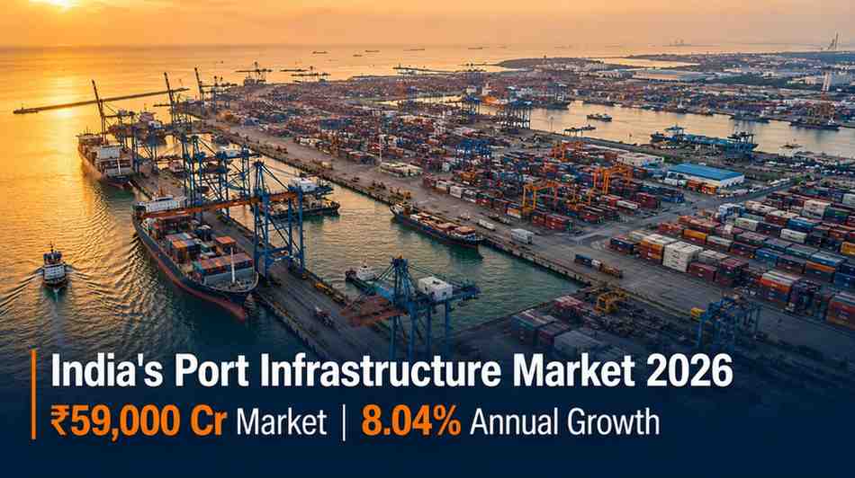 India port infrastructure market 2026 — aerial view of major port terminal with container ships and cargo yards