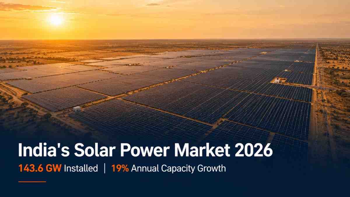 India solar power market 2026 — aerial view of utility-scale solar park showing 143.6 GW national installed capacity scale