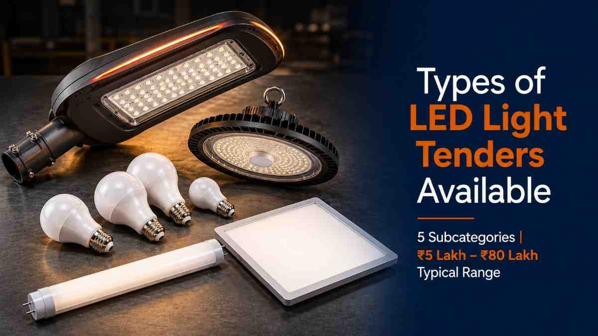 Types of LED light government tenders India 2026 — street lights bulbs flood lights panel lights procurement categories