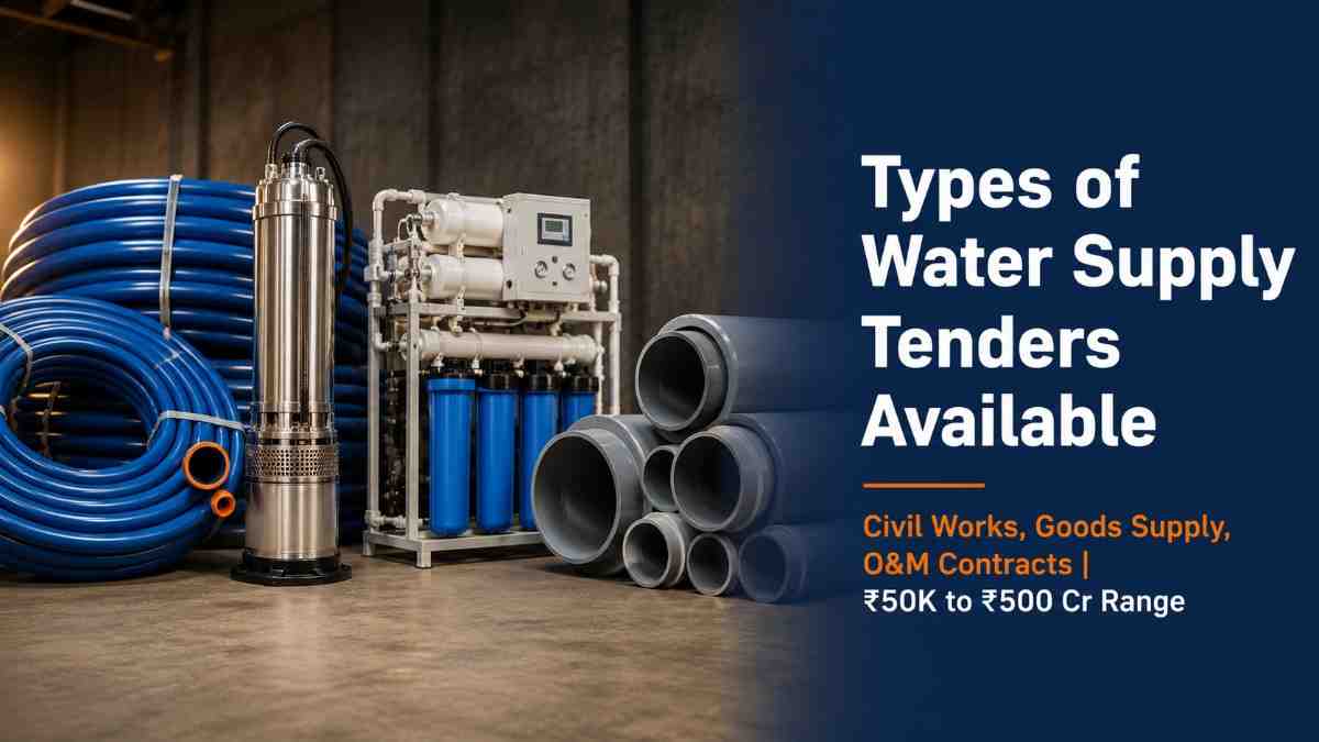 Types of water supply government tenders India 2026 — HDPE pipes, submersible pumps, RO systems and civil works procurement