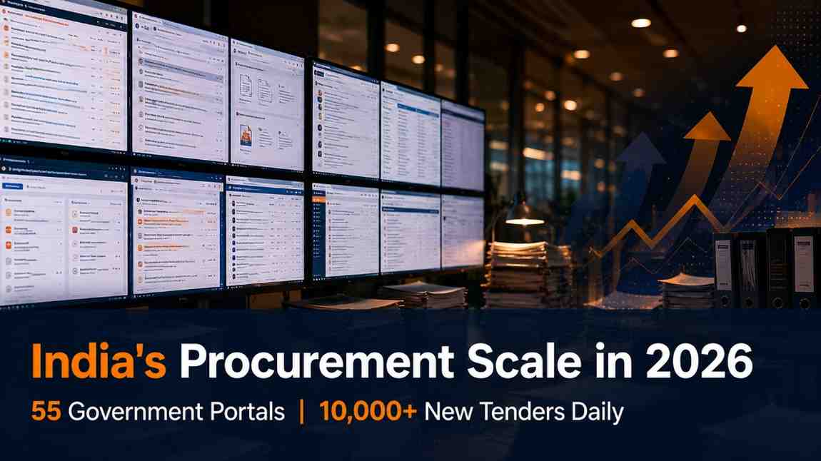 Scale of Indian government procurement in 2026 — 55 portals and 10000 daily tenders tracked by TenderDekho alerts