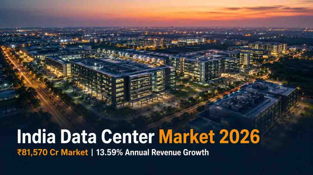 India data center market growth 2026 — technology park aerial view representing USD 9.79 billion government procurement opportunity