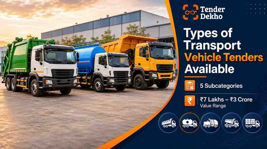 Types of material transport vehicle tenders India 2026 — tipper, dumper, water tanker and bulk hauling vehicle procurement categories