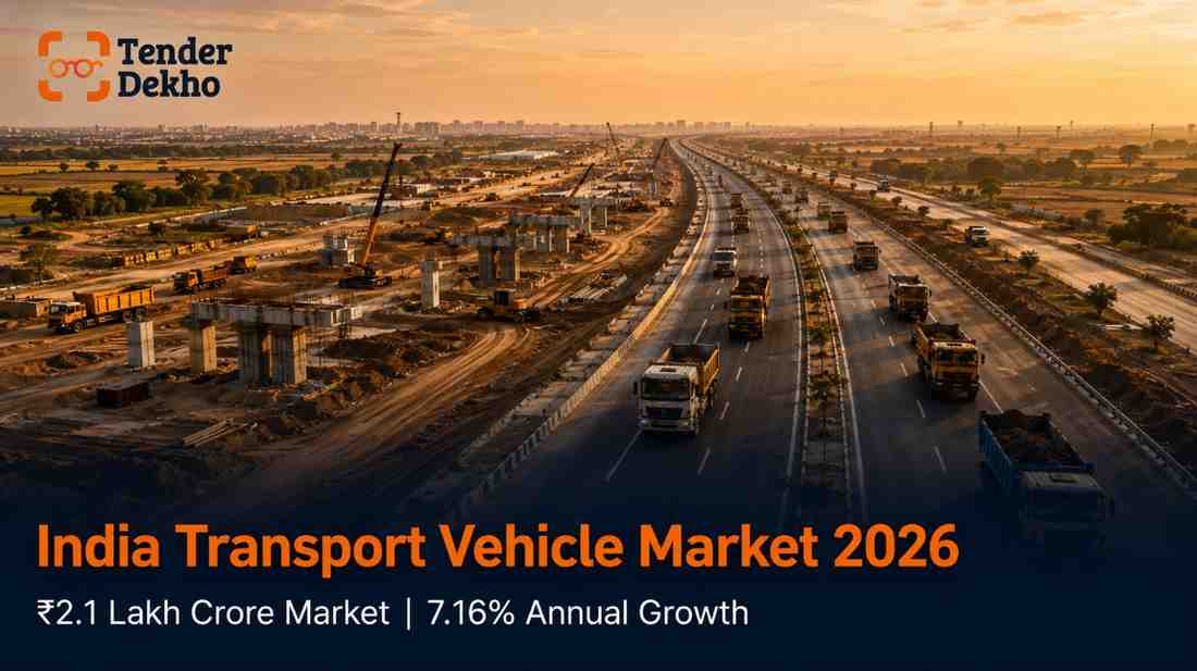 India material transport vehicle market 2026 — aerial view of highway infrastructure showing growth of road freight and tipper truck procurement