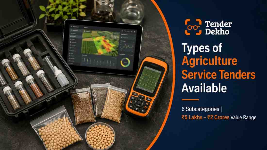 Types of agriculture service tenders India 2026 — extension advisory, digital farming, soil testing, field services and crop survey contracts