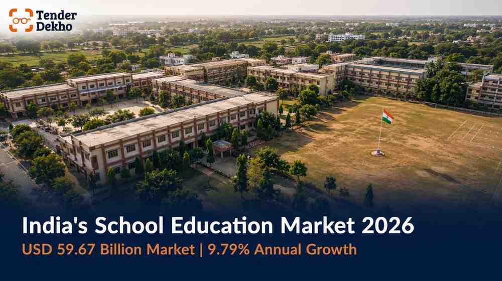 India school education market growth 2026 — aerial view of government school campus representing procurement scale