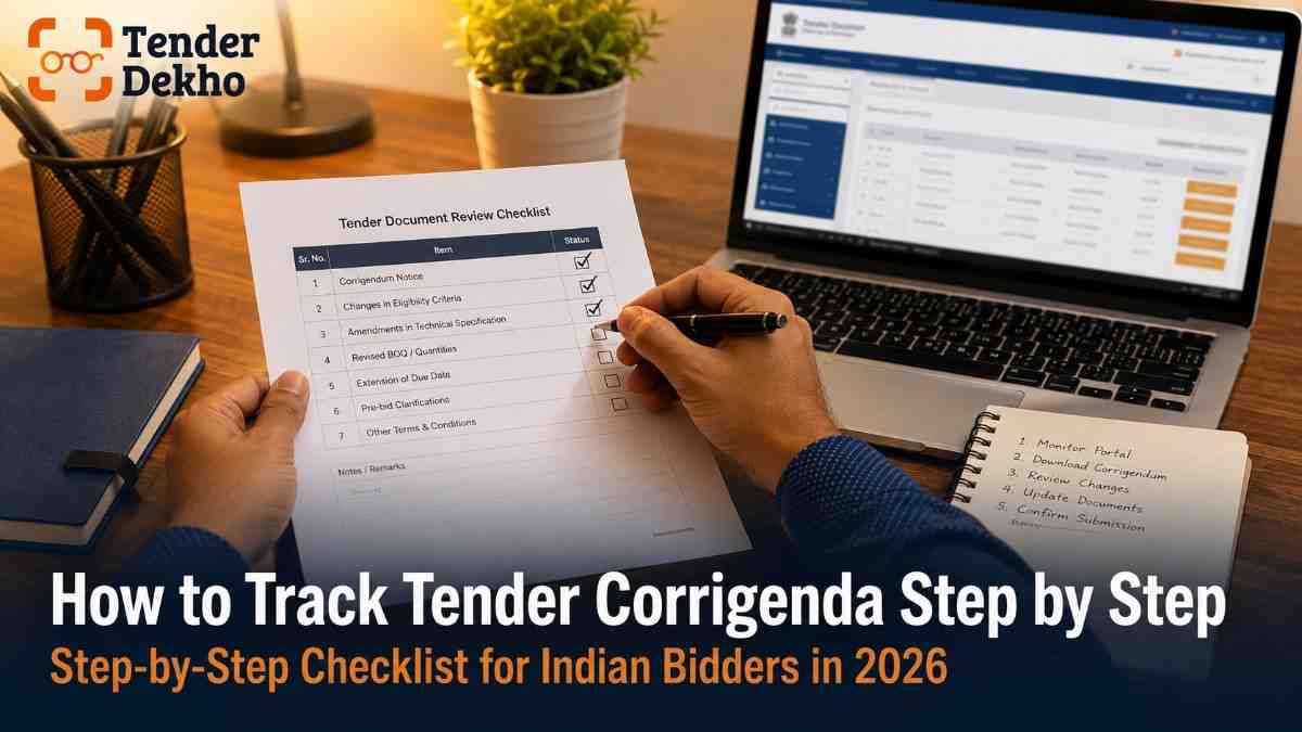 Hands reviewing tender corrigendum checklist on desk with laptop showing government portal India 2026 bid preparation