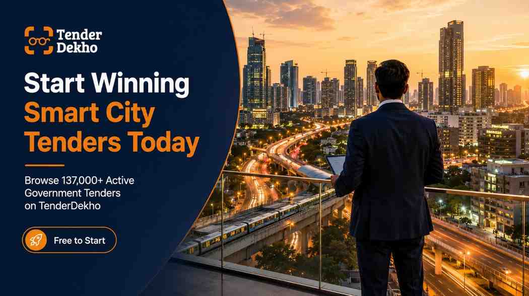 Smart city tender success India 2026 — business professional overlooking smart city skyline representing tender contract wins and urban growth