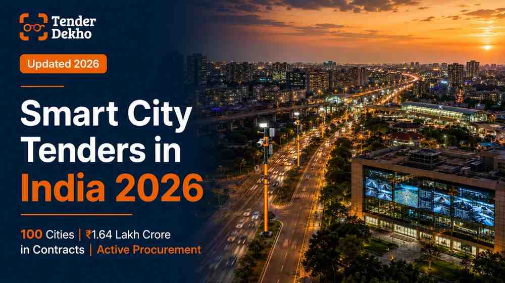 Smart city tenders in India 2026 — aerial view of Indian smart city at dusk showing illuminated road network and command centre