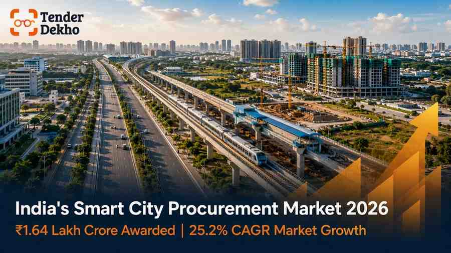 India smart city procurement market 2026 — aerial view of urban infrastructure corridor showing scale of government contracting