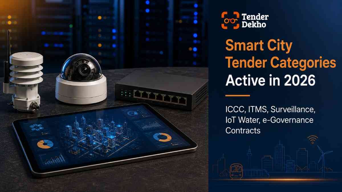 Smart city tender categories India 2026 — IoT sensors, CCTV, networking hardware and city dashboard representing procurement types