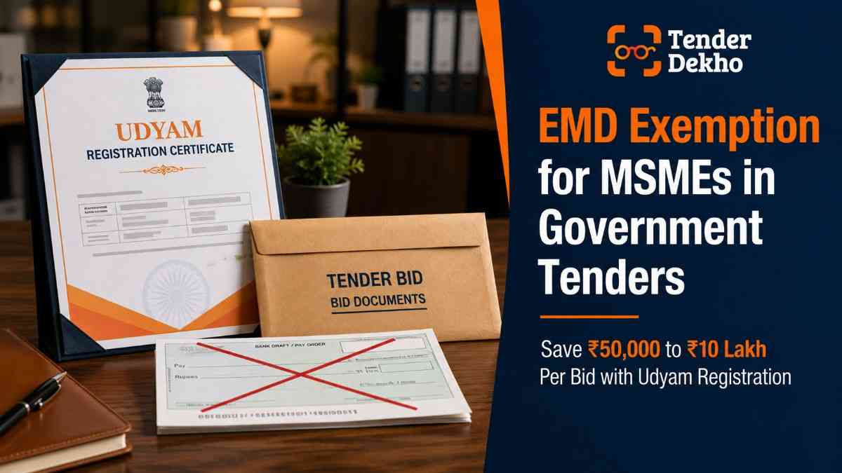 MSME EMD exemption in government tenders India 2026 — Udyam certificate and bid documents representing cost savings per tender bid