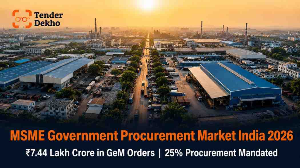 MSME government procurement market India 2026 — aerial view of industrial zone representing 25% procurement reservation opportunity