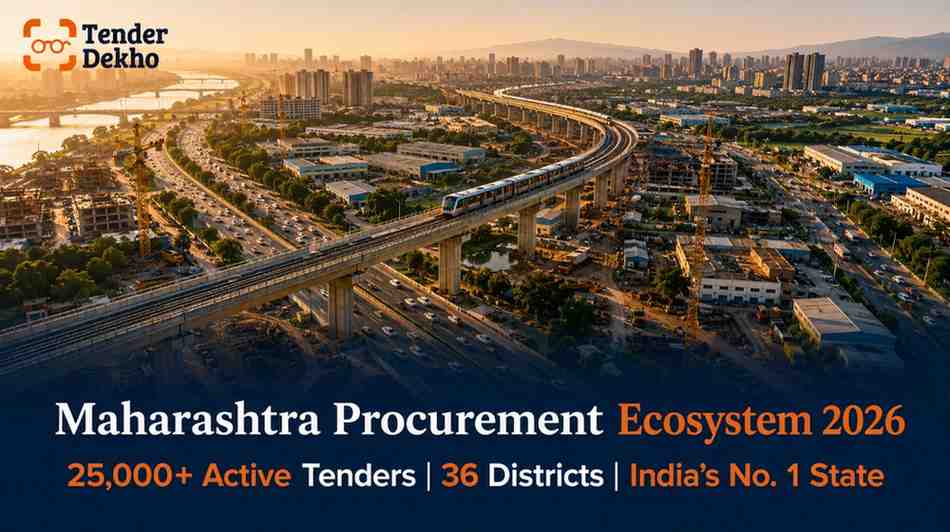 Maharashtra government procurement ecosystem 2026 — aerial view of infrastructure scale across 36 districts