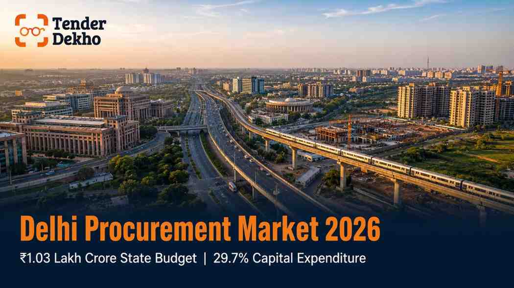Delhi government procurement market 2026 — aerial view of capital city infrastructure showing scale of public spending