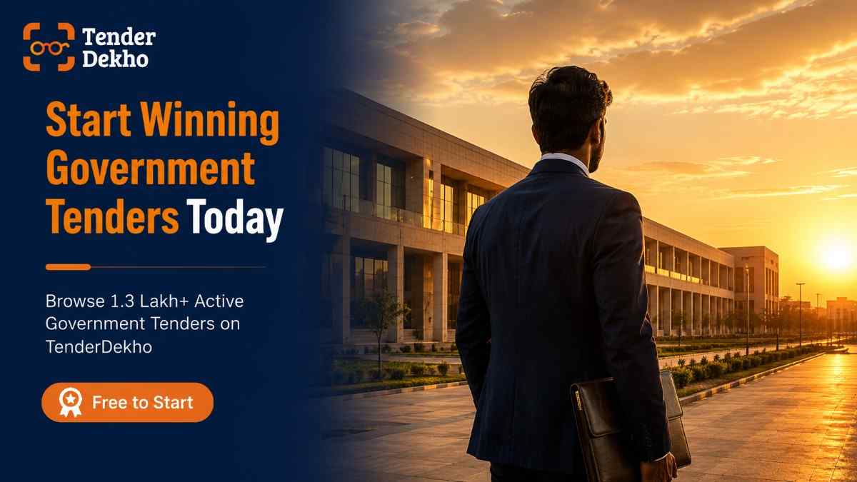 Winning government tenders India 2026 with AI bidder prediction — professional standing at completed project site at golden hour