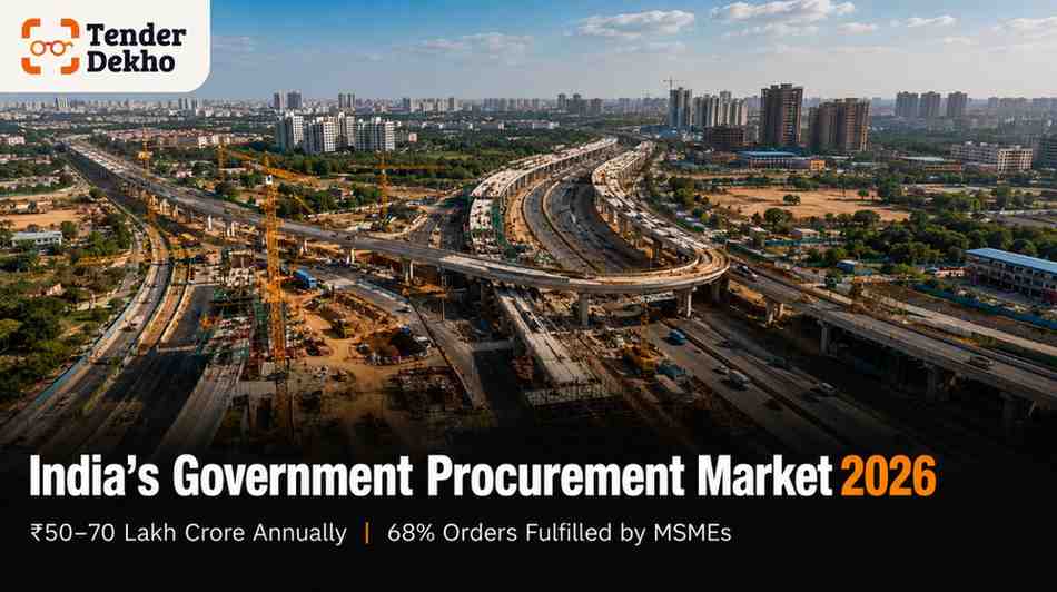 India government procurement market scale 2026 — aerial infrastructure view representing tender opportunity for MSMEs and new bidders