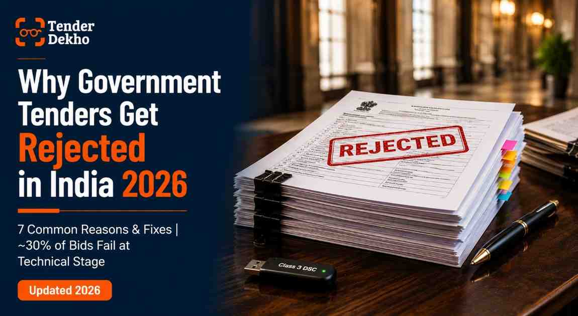 Government tender rejection reasons India 2026 — official documents with rejection stamp on formal desk, procurement guide