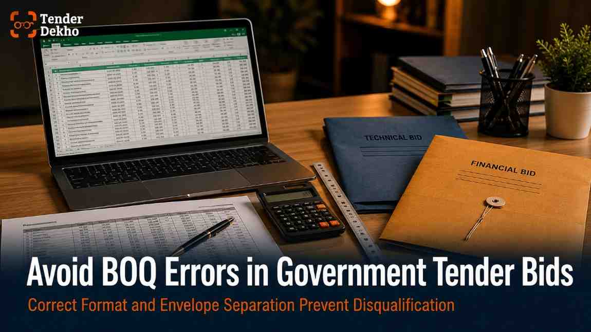 BOQ bill of quantities government tender India 2026 — Excel spreadsheet and technical financial bid folders on desk