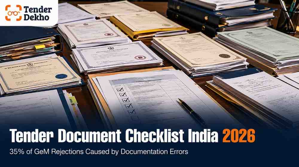 Government tender documentation checklist India 2026 — official certificates and folders on procurement desk, bid submission guide