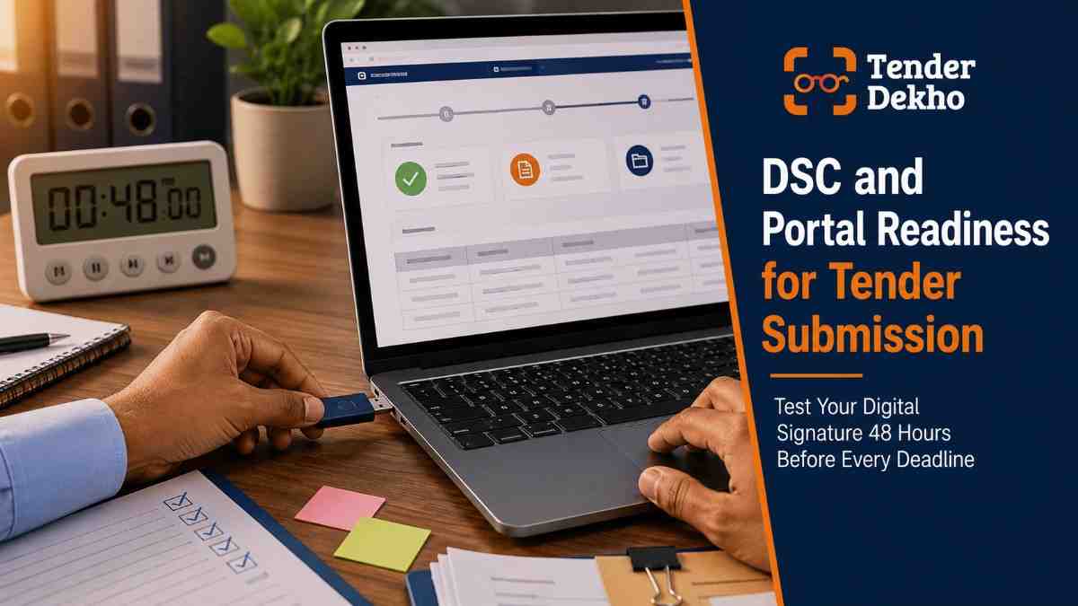 DSC digital signature certificate government tender submission India 2026 — USB token inserted in laptop e-procurement portal