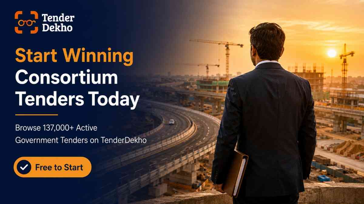 Consortium bidding government tender success India 2026 — professional overlooking completed infrastructure project after JV contract win