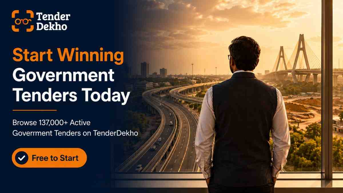 Win government tenders India 2026 — business professional overlooking completed infrastructure project after tender success