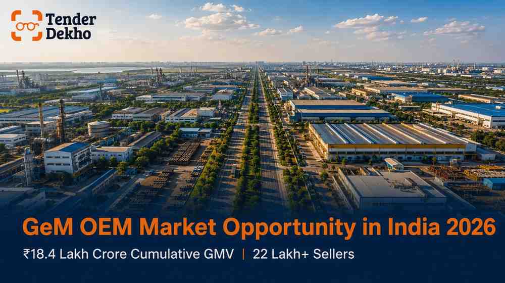 GeM government e-marketplace OEM procurement opportunity India 2026 — aerial industrial zone showing manufacturing scale