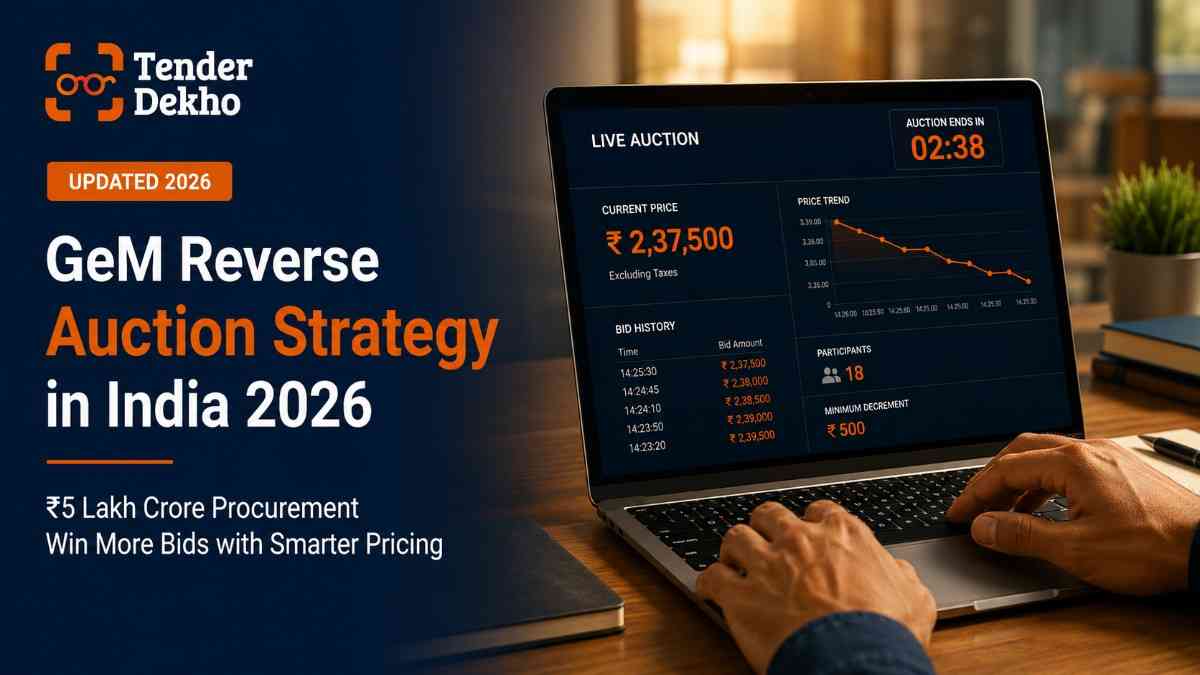 GeM reverse auction strategy India 2026 — laptop showing live bidding interface for government procurement guide