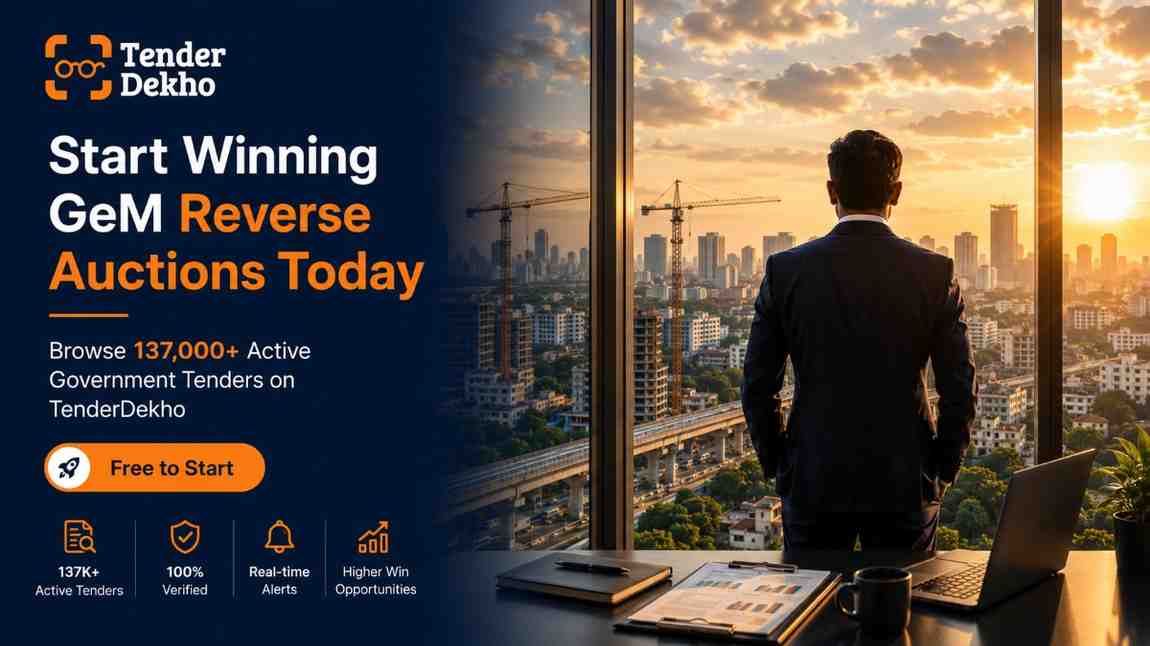 Win GeM reverse auctions India 2026 — business professional overlooking Indian cityscape representing government tender success and procurement growth