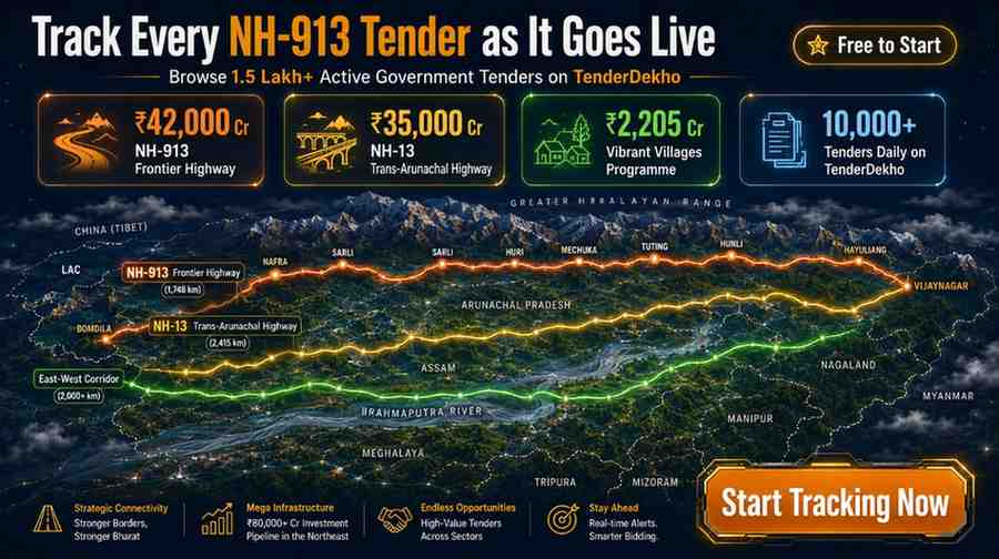 NH-913 Frontier Highway completed road Arunachal Pradesh India 2026 — track MoRTH construction tenders on TenderDekho