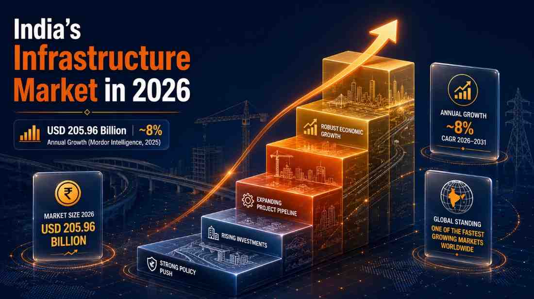 India infrastructure market 2026 infographic - isometric growth steps and stat cards showing USD 205.96 billion size