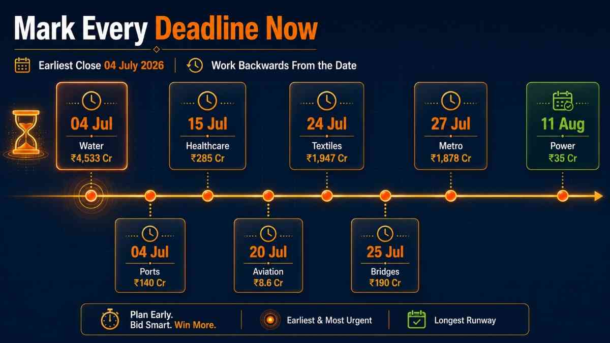 Infrastructure tender deadlines India 2026 infographic - gold timeline rail with date milestone cards and urgency marker