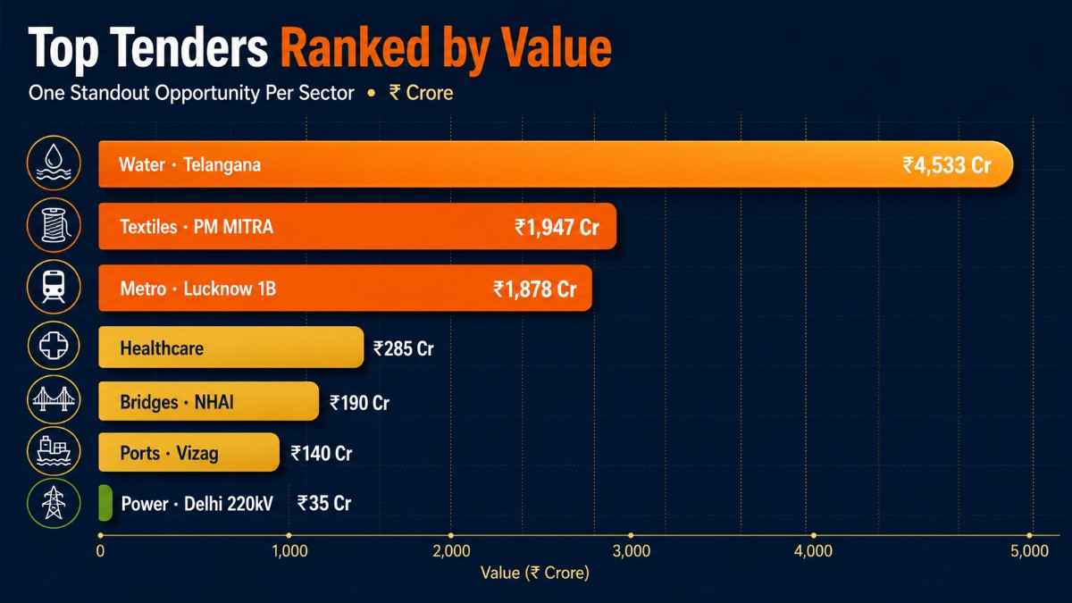 Top infrastructure tenders by sector India 2026 infographic - eight icon cards for textiles metro water bridges power