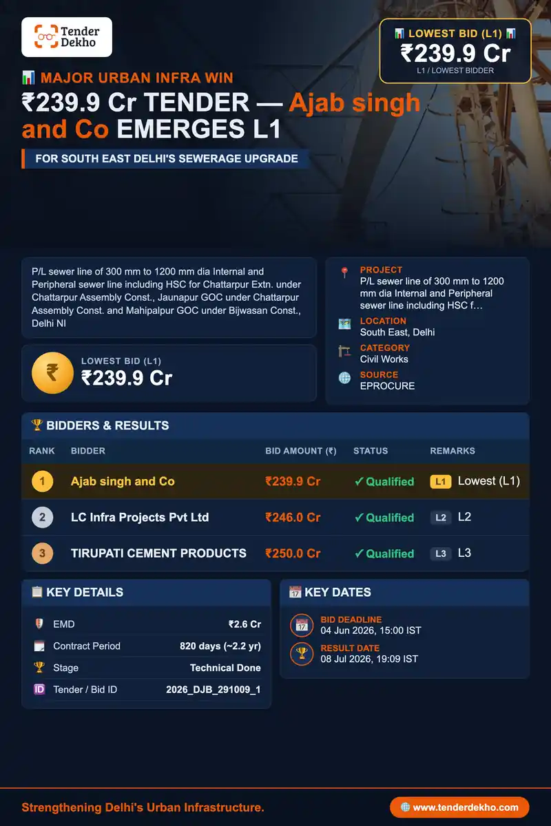 Ajab singh and Co Emerges L1 with ₹239.9 Cr Bid for Delhi Jal Board's ₹245.7 Cr Sewer Line Project in South East Delhi