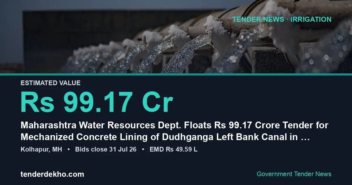 Maharashtra Water Resources Dept. Floats ₹99.17 Crore Tender for Mechanized Concrete Lining of Dudhganga Left Bank Canal in Kolhapur