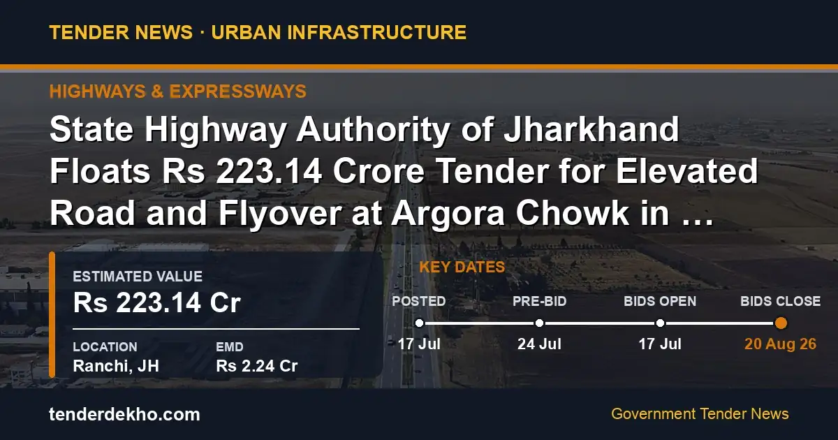 State Highway Authority of Jharkhand Floats ₹223.14 Crore Tender for Elevated Road and Flyover at Argora Chowk in Ranchi