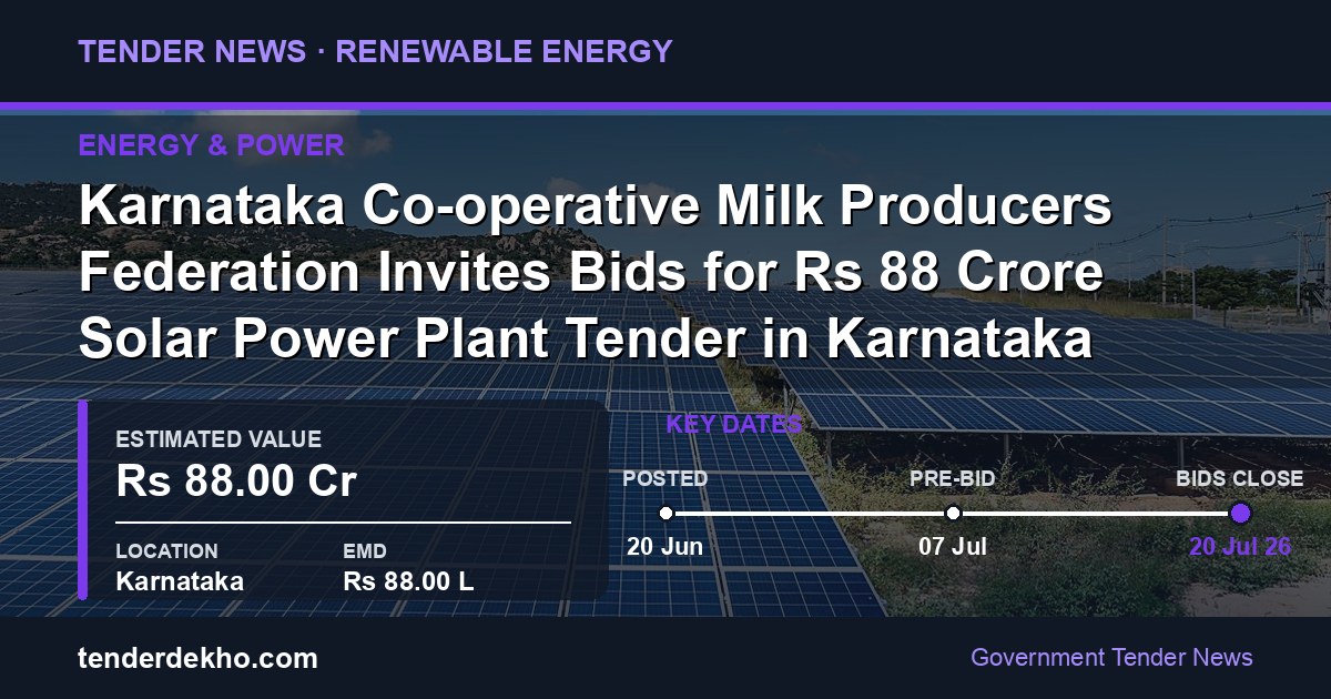 Karnataka Co-operative Milk Producers Federation Invites Bids for ₹88 Crore Solar Power Plant Tender in Karnataka