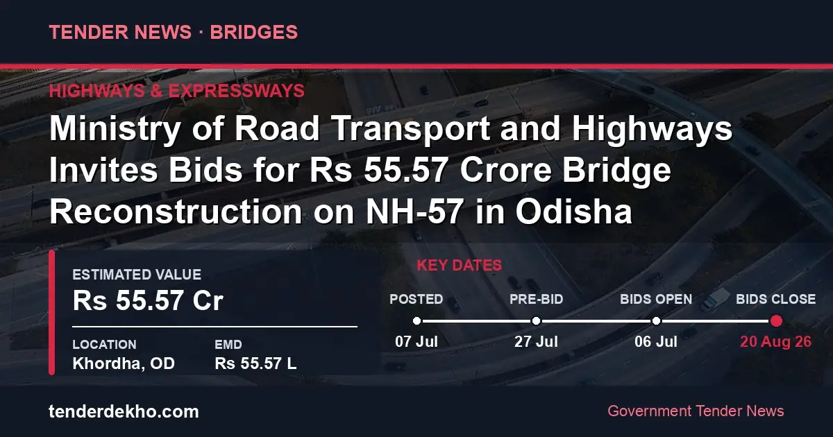 Ministry of Road Transport and Highways Invites Bids for ₹55.57 Crore Bridge Reconstruction on NH-57 in Odisha