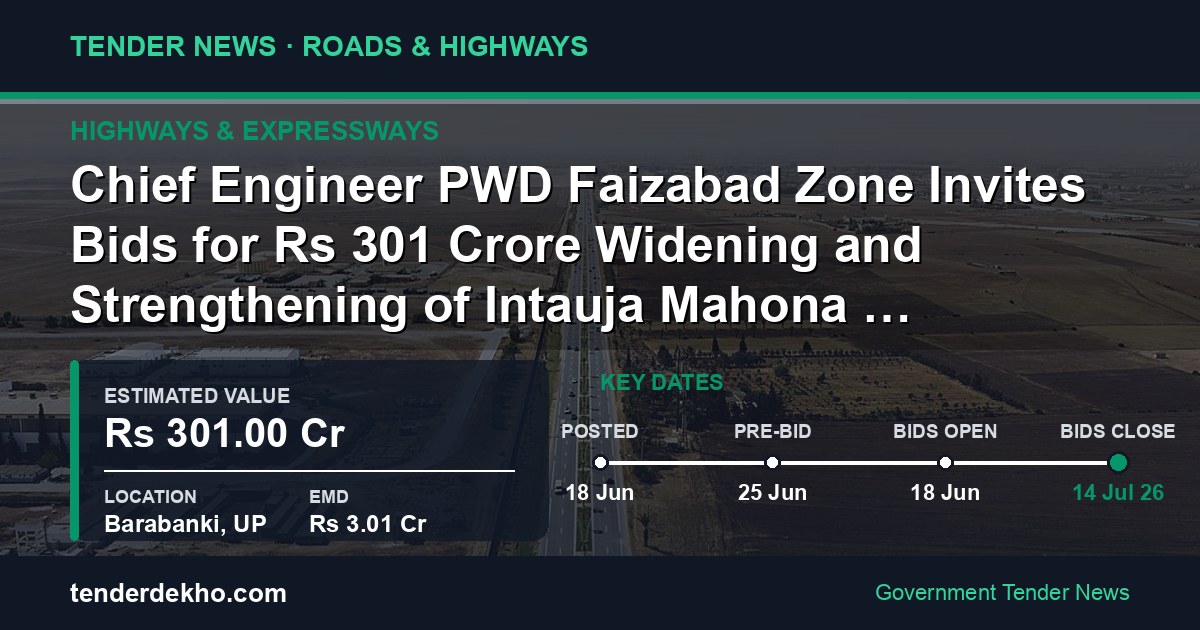 Chief Engineer PWD Faizabad Zone Invites Bids for ₹301 Crore Widening and Strengthening of Intauja Mahona Kumhraon Kursi Deva Chinhat Road in Barabanki