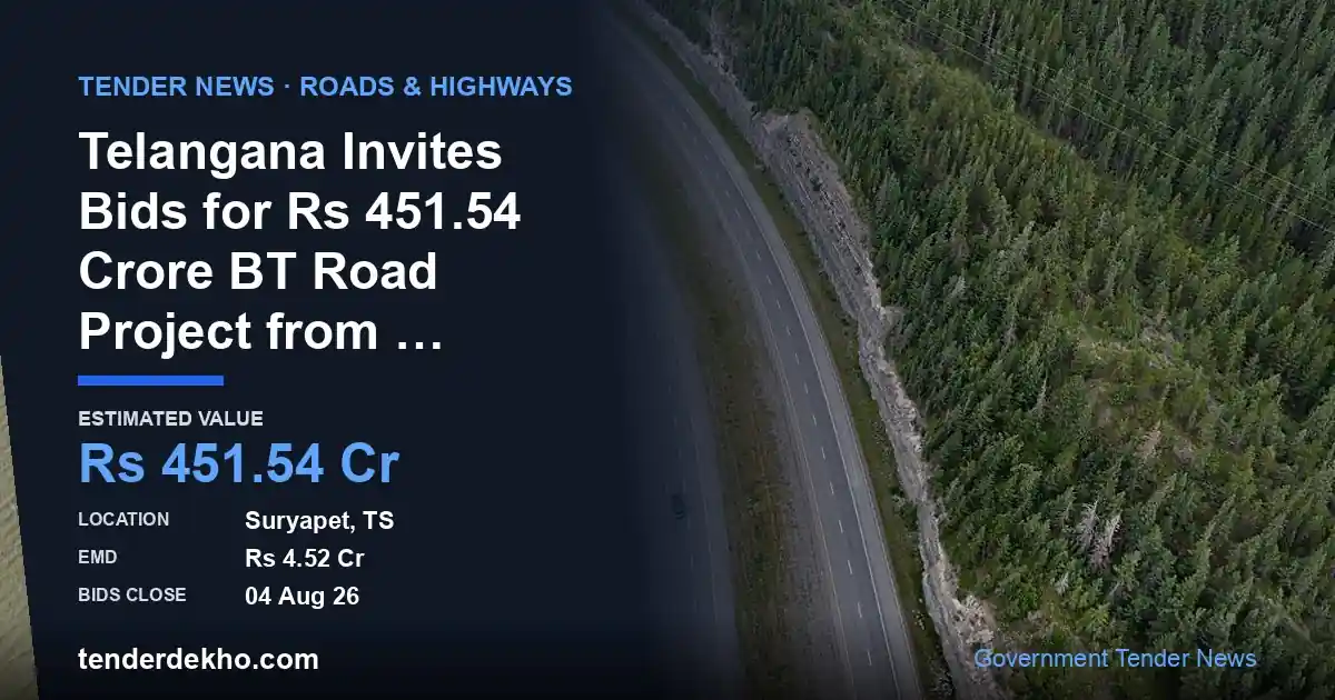 Telangana Invites Bids for ₹451.54 Crore BT Road Project from Pedaveedu to Raghunadapalem in Suryapet
