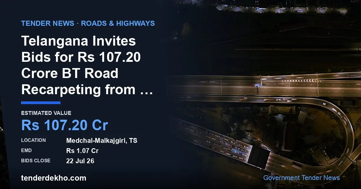 Telangana Invites Bids for ₹107.20 Crore BT Road Recarpeting from Borabanda Culvert to Godavari Cuts in Medchal-Malkajgiri